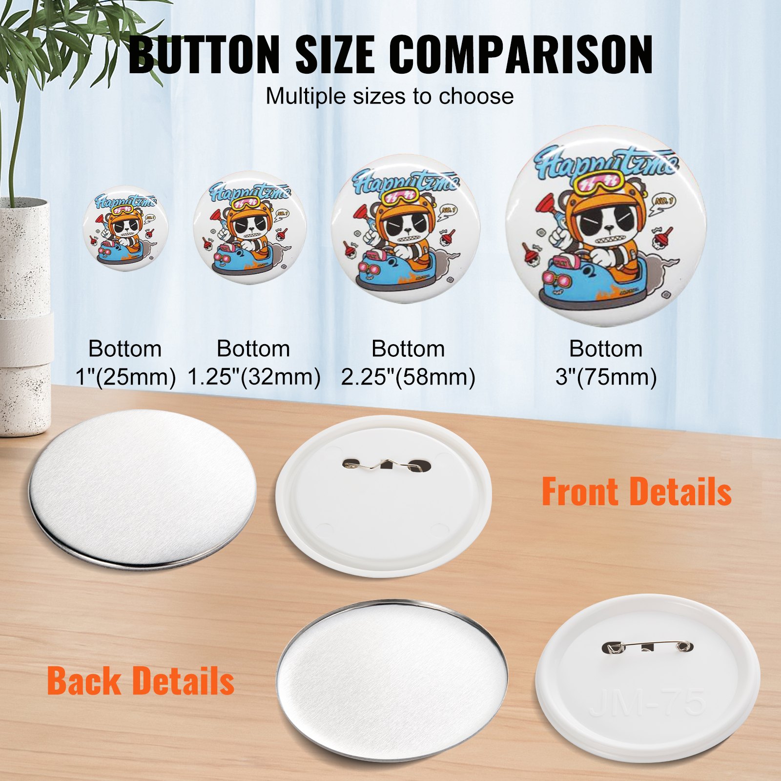 button size comparison showing 1&quot;, 1.25&quot;, 2.25&quot;, and 3&quot; with VEVOR button maker parts.
