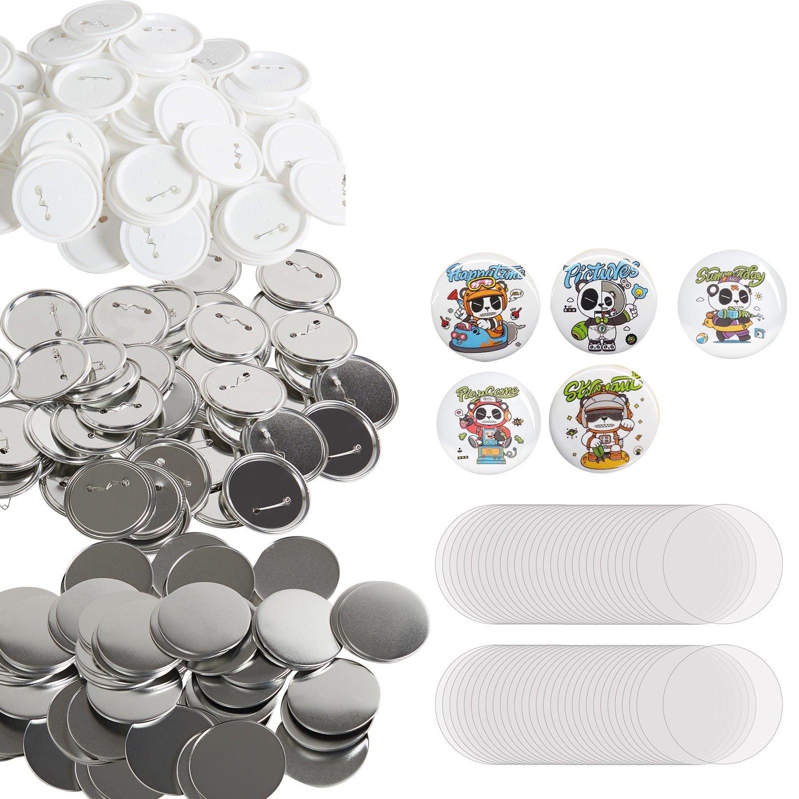 VEVOR button maker parts including buttons, pin backs, vibrant button designs, and maker machines.