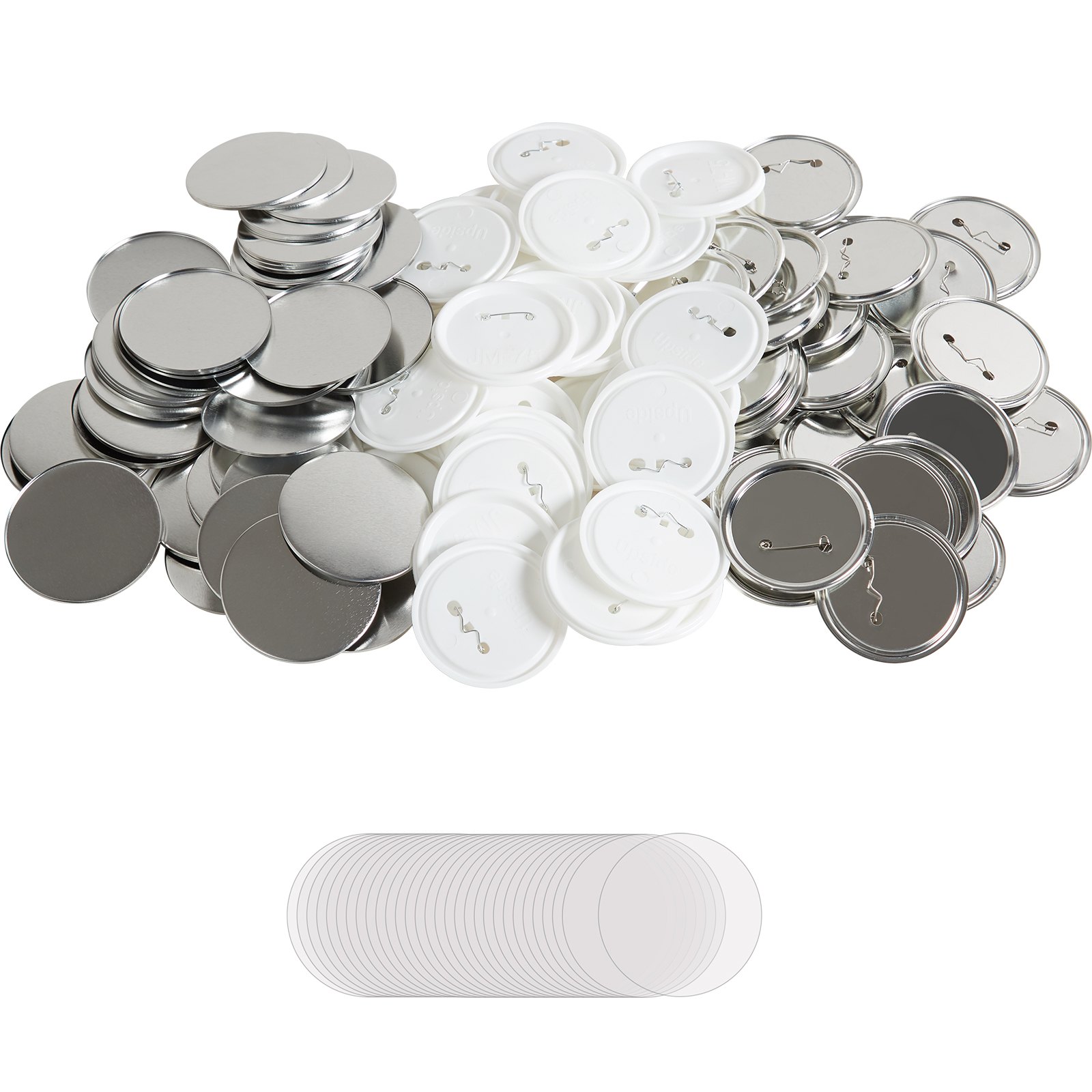 VEVOR button maker parts including metal button fronts, plastic backs, and clear covers scattered randomly.