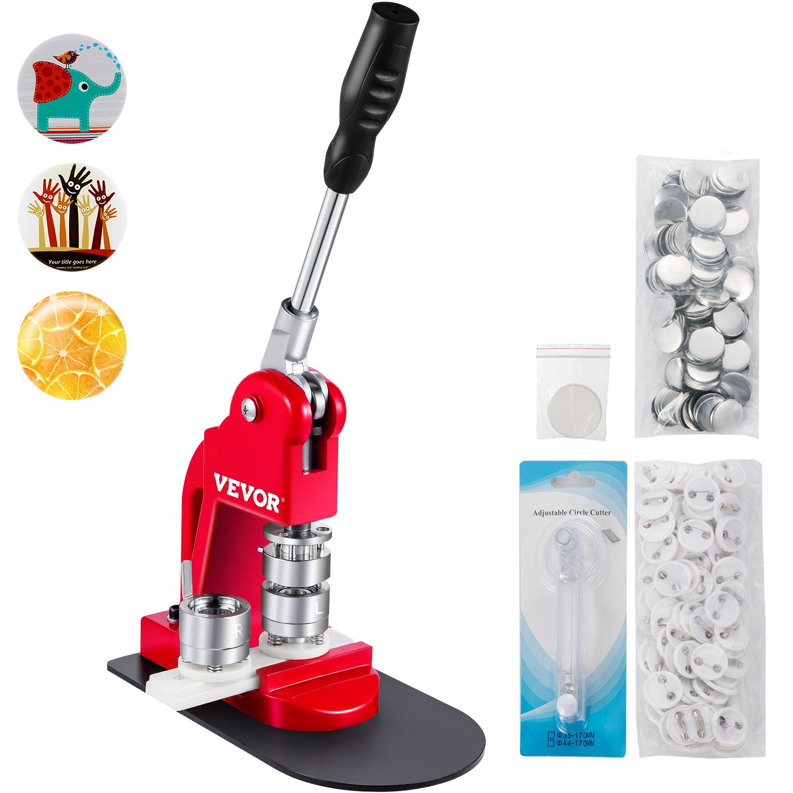 VEVOR button maker with accessories and example designs, including an elephant graphic.