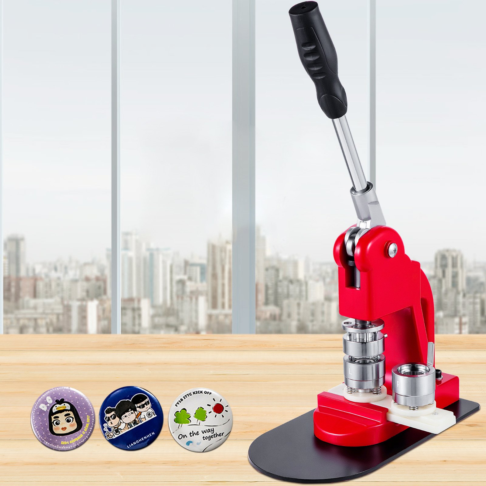 VEVOR button badge maker machine with colorful badges on a wooden table.