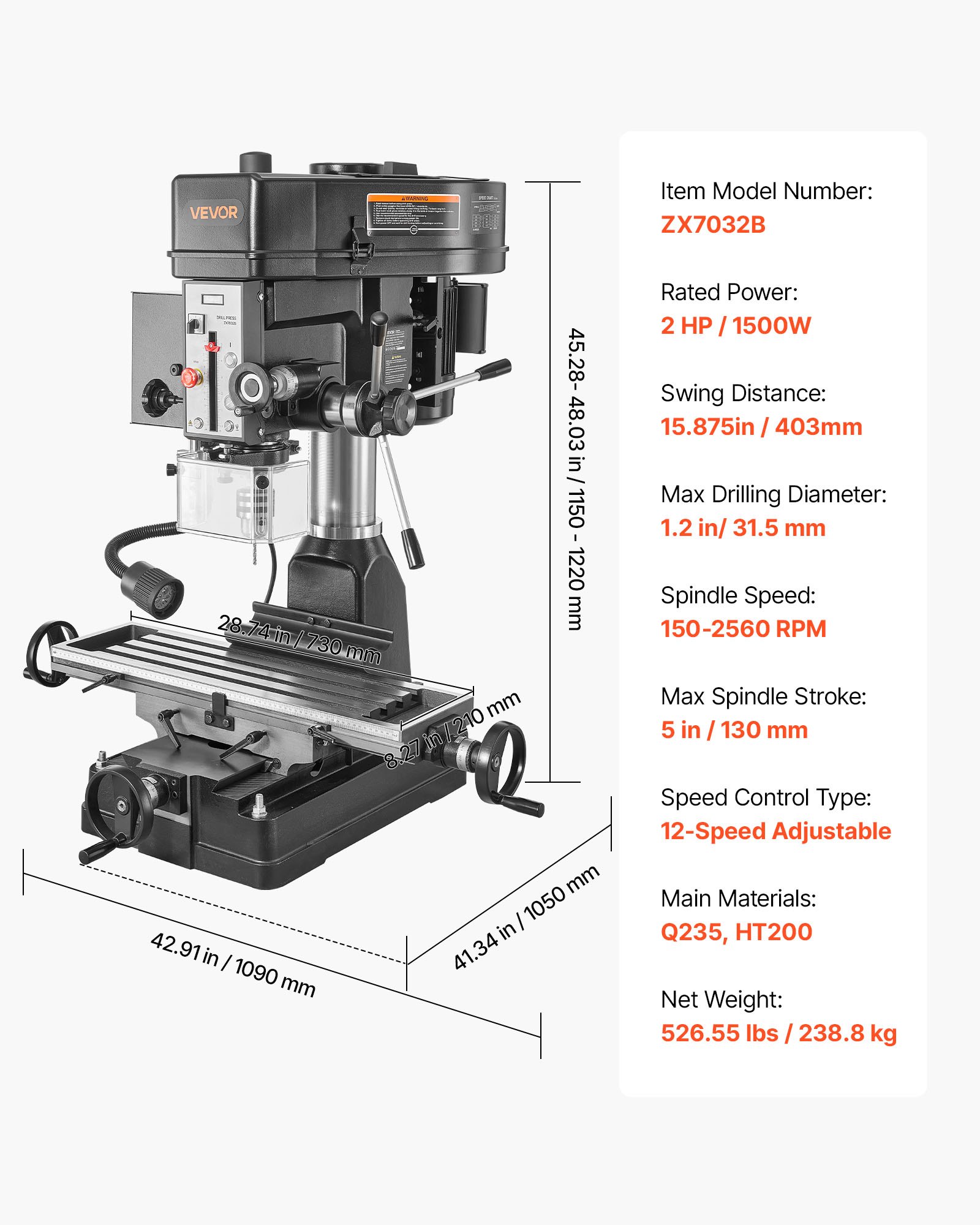 VEVOR 15.875-Inch Mill Drill Machine, 2 HP, Benchtop Milling Drill Press, 150-2560 RPM Adjustable Speed, with Rotating Vise, Laser and Work Light, Milling Drilling Machine, for Woodworking Light Metal