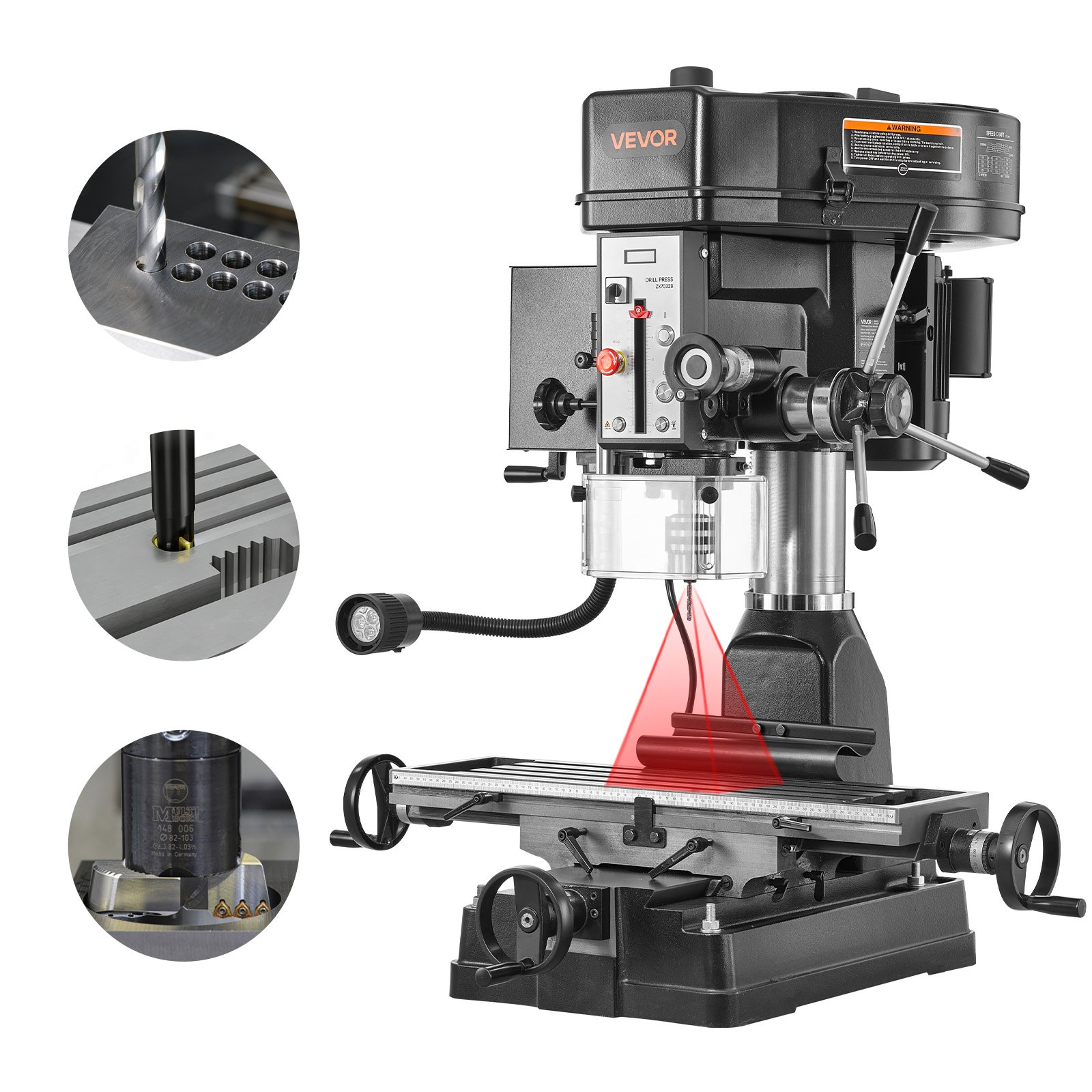 VEVOR 15.875-Inch Mill Drill Machine, 2 HP, Benchtop Milling Drill Press, 150-2560 RPM Adjustable Speed, with Rotating Vise, Laser and Work Light, Milling Drilling Machine, for Woodworking Light Metal