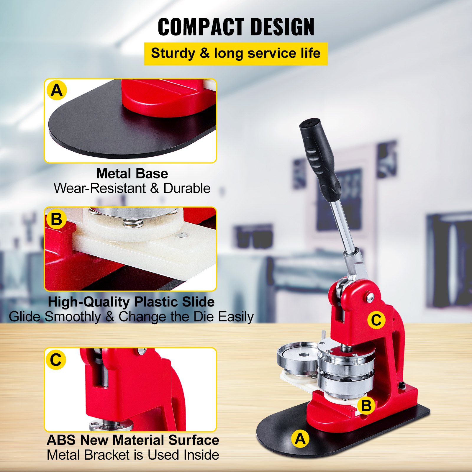 VEVOR button maker features a metal base, plastic slide, and abs new material surface.