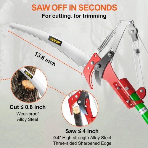 VEVOR Extendable Tree Pole Pruner Telescopic Pole Saw 26 Foot Extendable Telescopic Landscaping Pole Saw Tree Saw Alloy Steel Branch Long Reach Pole Pruning Saw for Sawing and Shearing