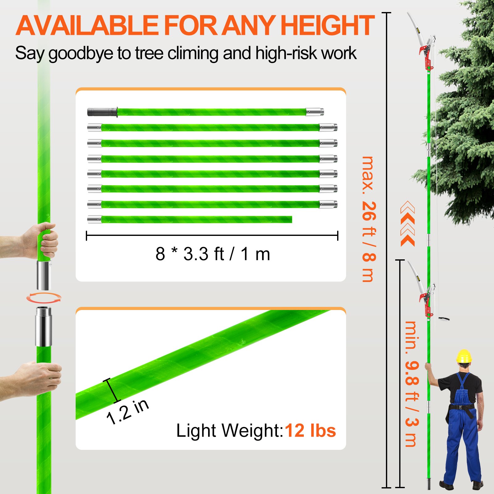 VEVOR Extendable Tree Pole Pruner Telescopic Pole Saw 26 Foot Extendable Telescopic Landscaping Pole Saw Tree Saw Alloy Steel Branch Long Reach Pole Pruning Saw for Sawing and Shearing