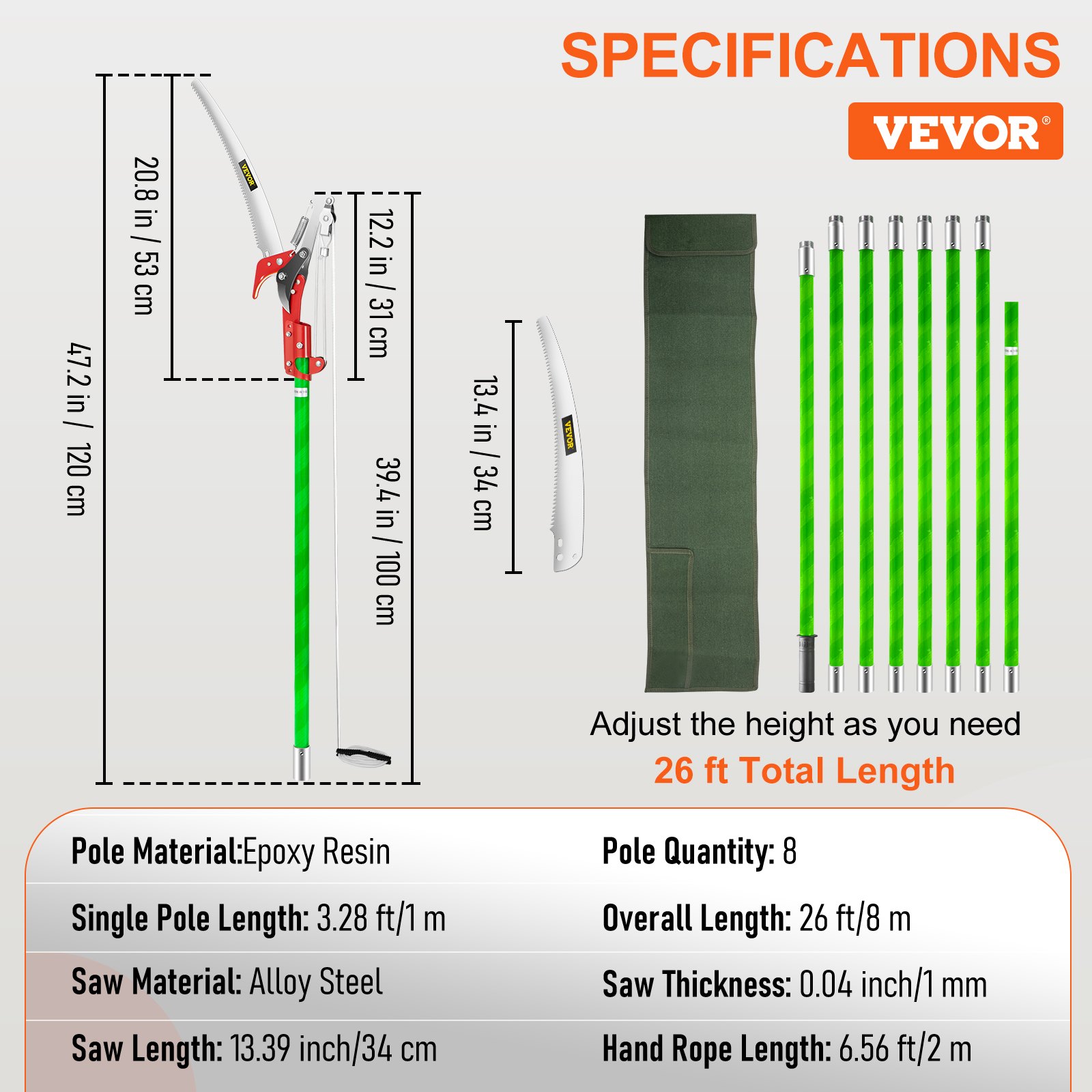 VEVOR Extendable Tree Pole Pruner Telescopic Pole Saw 26 Foot Extendable Telescopic Landscaping Pole Saw Tree Saw Alloy Steel Branch Long Reach Pole Pruning Saw for Sawing and Shearing