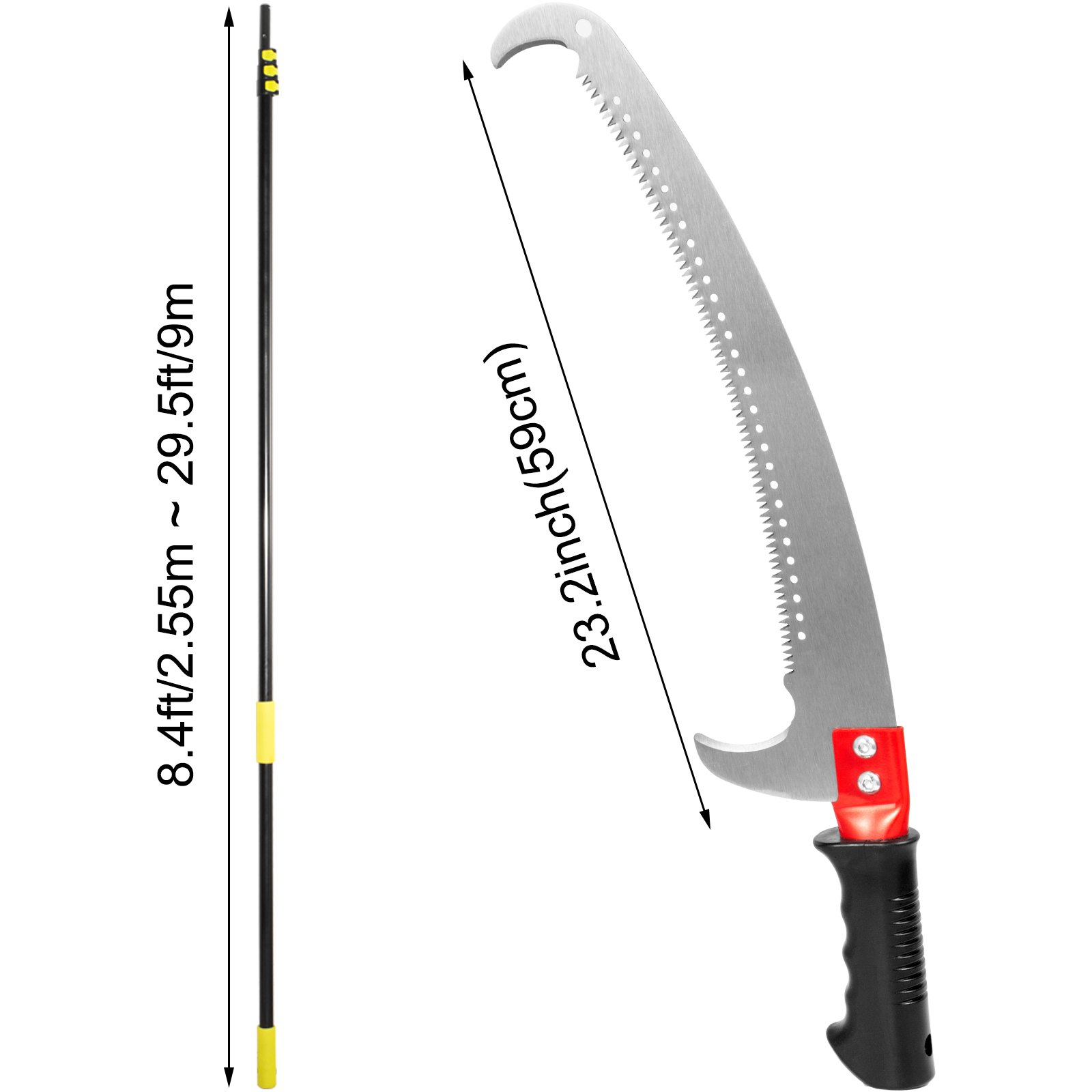 VEVOR Tree Pole Pruner 29.5 ft,  Foot Pole Saw 8.4 ft Minimum Length, 23.23 inch Mn Steel Tree Saw Tree Pole Pruner, Tree Pruner for Branch Long Reach Pole Pruning Saw for Sawing and Shearing