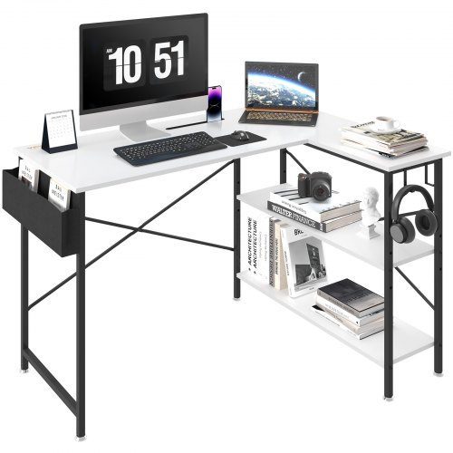 VEVOR L Shaped Computer Desk, 1200 mm （47inch）Corner Desk with Storage Shelves, Bag, Phone Slot, and Headphone Hook, Work Desk Gaming Desk for Home Office Workstation, White