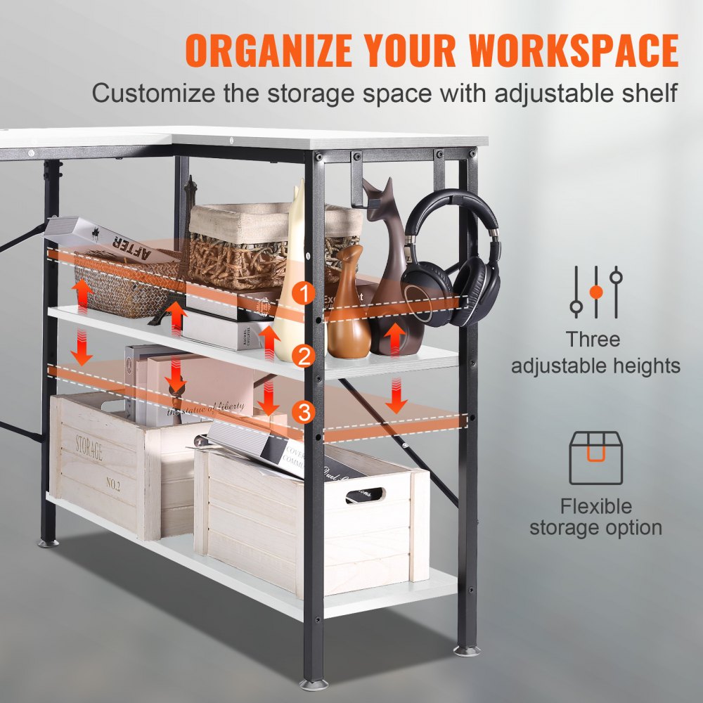 VEVOR L Shaped Computer Desk, 47'' Corner Desk with Storage Shelves, Bag, Phone Slot, and Headphone Hook, Work Desk Gaming Desk for Home Office Workstation, White