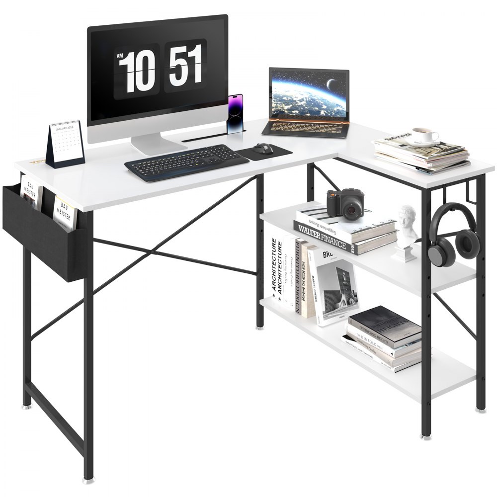 VEVOR L-format datorbord, 47'' hörnskrivbord med förvaringshyllor, väska, telefonfack och hörlurskrok, skrivbordsspelbord för hemmakontor, vit