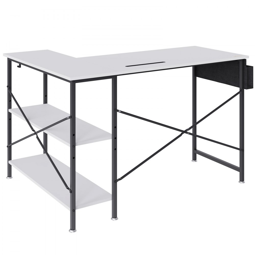 VEVOR L Shaped Computer Desk, 47'' Corner Desk with Storage Shelves, Bag, Phone Slot, and Headphone Hook, Work Desk Gaming Desk for Home Office Workstation, White