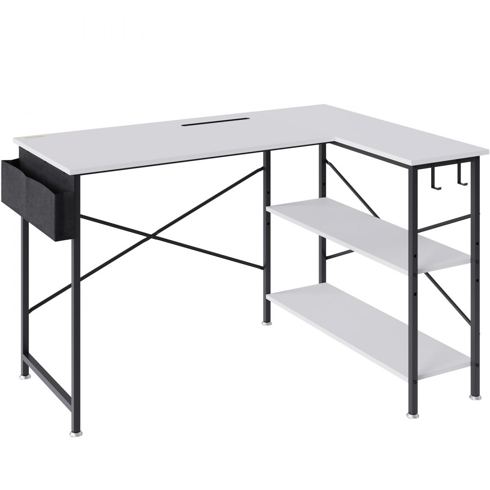 VEVOR L Shaped Computer Desk, 47'' Corner Desk with Storage Shelves, Bag, Phone Slot, and Headphone Hook, Work Desk Gaming Desk for Home Office Workstation, White