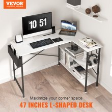 Počítačový stůl ve tvaru L VEVOR, 47'' rohový stůl s odkládacími policemi, taškou, slotem pro telefon a háčkem na sluchátka, pracovní stůl, herní stůl pro domácí kancelářskou pracovní stanici, bílá