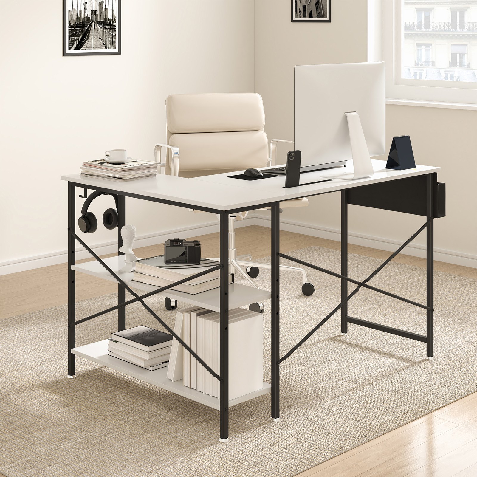 VEVOR L Shaped Computer Desk, 47'' Corner Desk with Storage Shelves, Bag, Phone Slot, and Headphone Hook, Work Desk Gaming Desk for Home Office Workstation, White