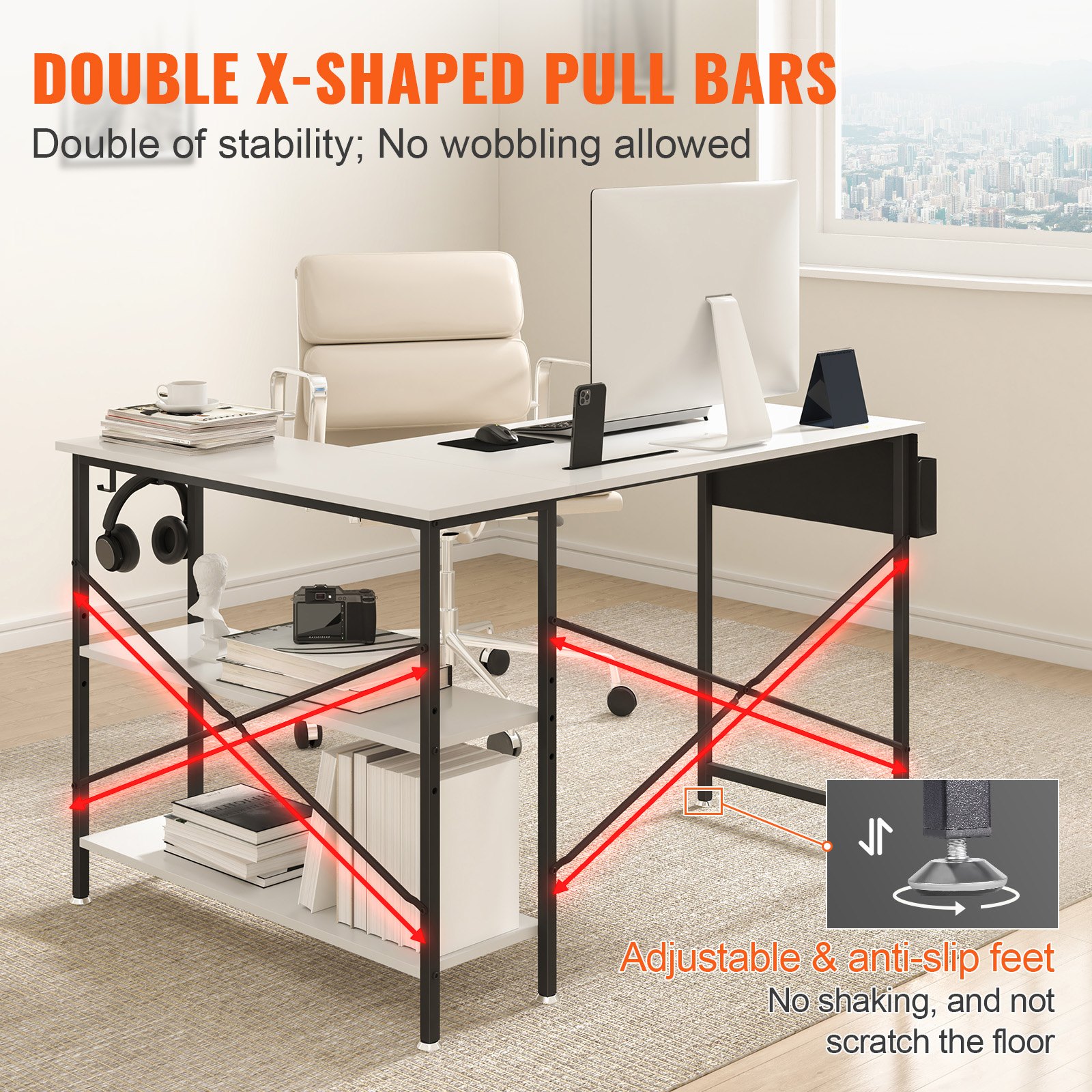 VEVOR L Shaped Computer Desk, 1200 mm （47inch）Corner Desk with Storage Shelves, Bag, Phone Slot, and Headphone Hook, Work Desk Gaming Desk for Home Office Workstation, White