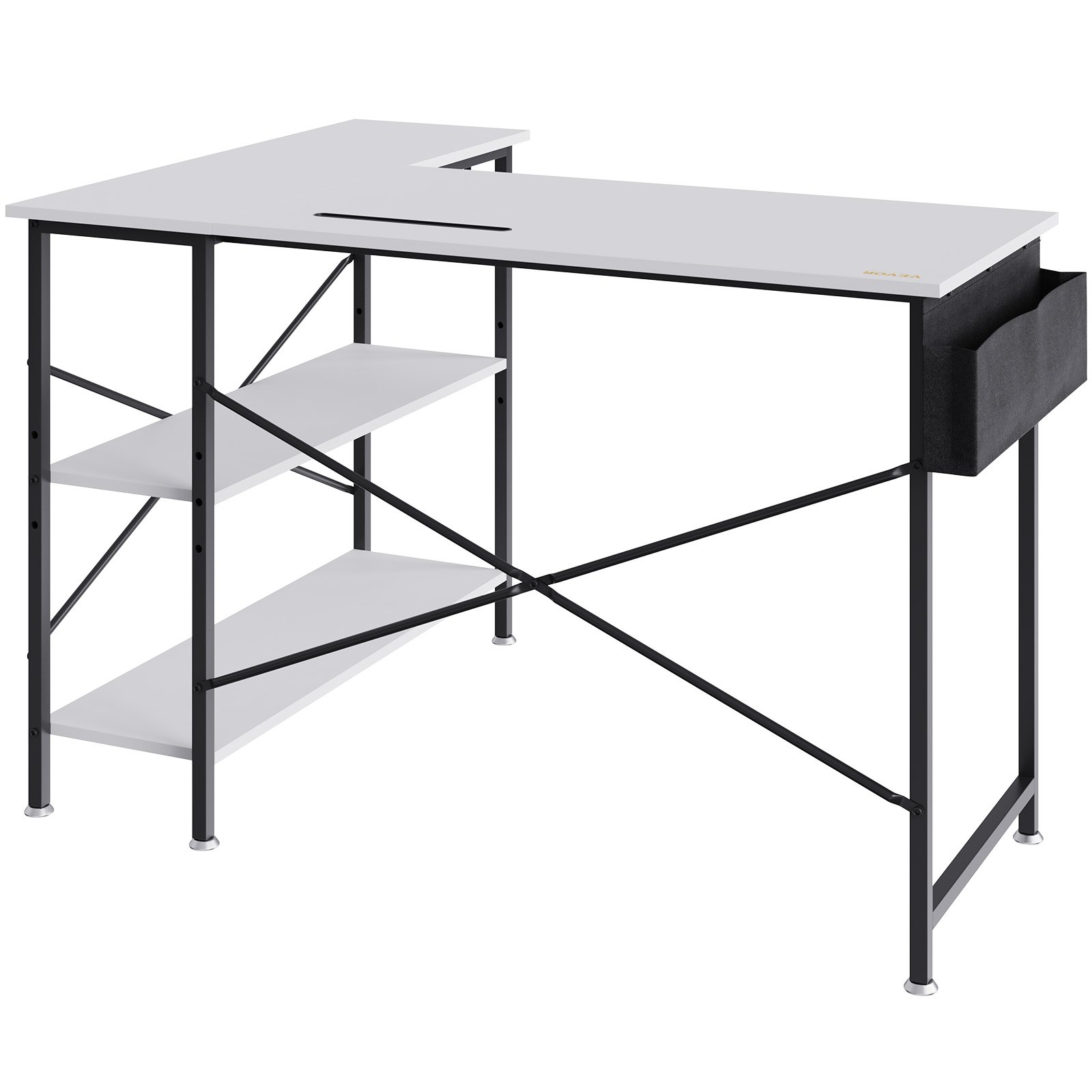 VEVOR L Shaped Computer Desk, 1200 mm （47inch）Corner Desk with Storage Shelves, Bag, Phone Slot, and Headphone Hook, Work Desk Gaming Desk for Home Office Workstation, White
