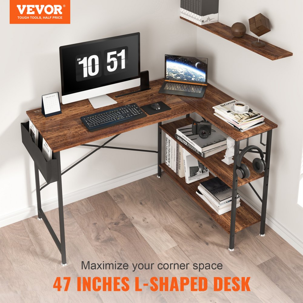 VEVOR L Shaped Computer Desk, 47'' Corner Desk with Storage Shelves, Bag, Phone Slot, and Headphone Hook, Work Desk Gaming Desk for Home Office Workstation, Rustic Brown