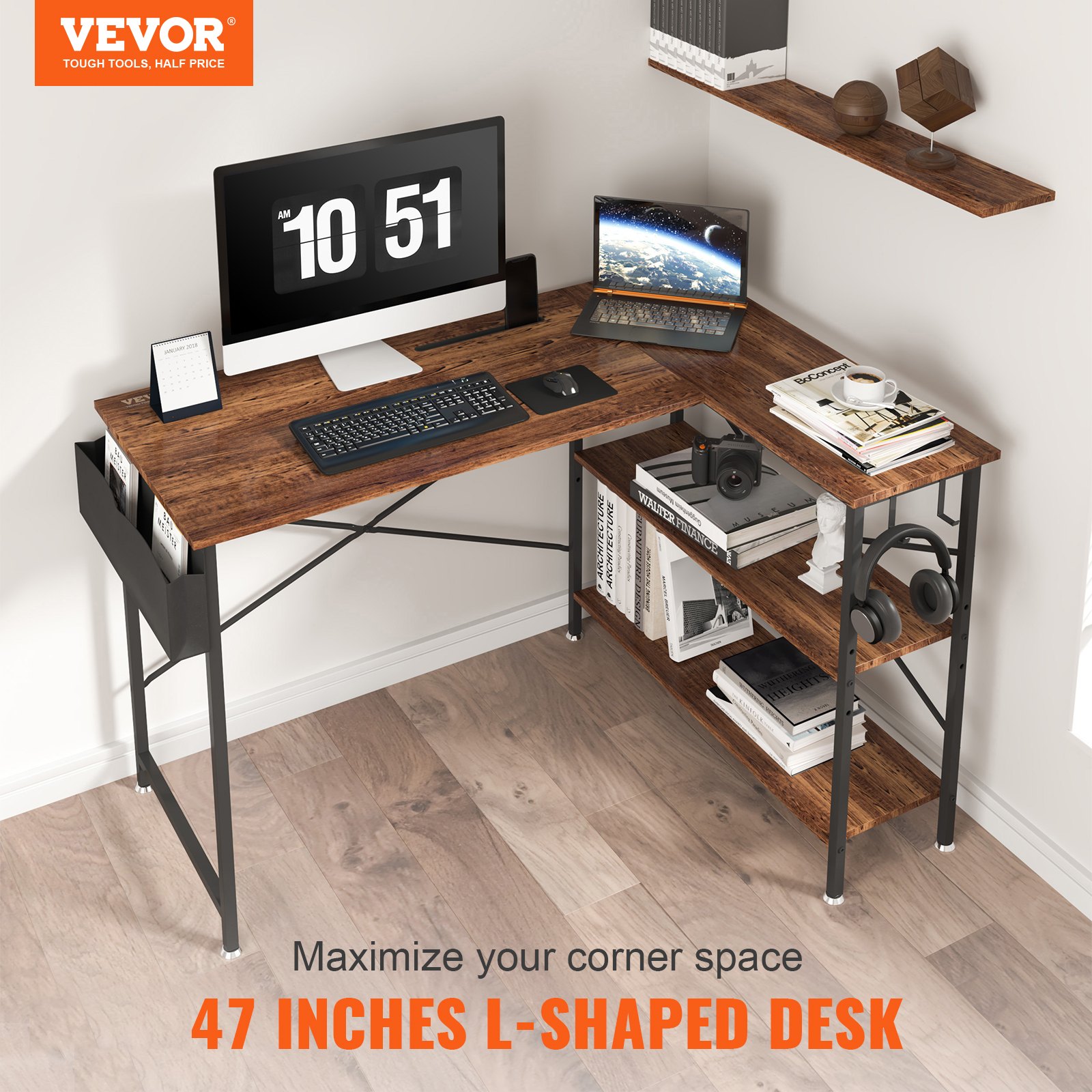 VEVOR L Shaped Computer Desk, 47'' Corner Desk with Storage Shelves, Bag, Phone Slot, and Headphone Hook, Work Desk Gaming Desk for Home Office Workstation, Rustic Brown