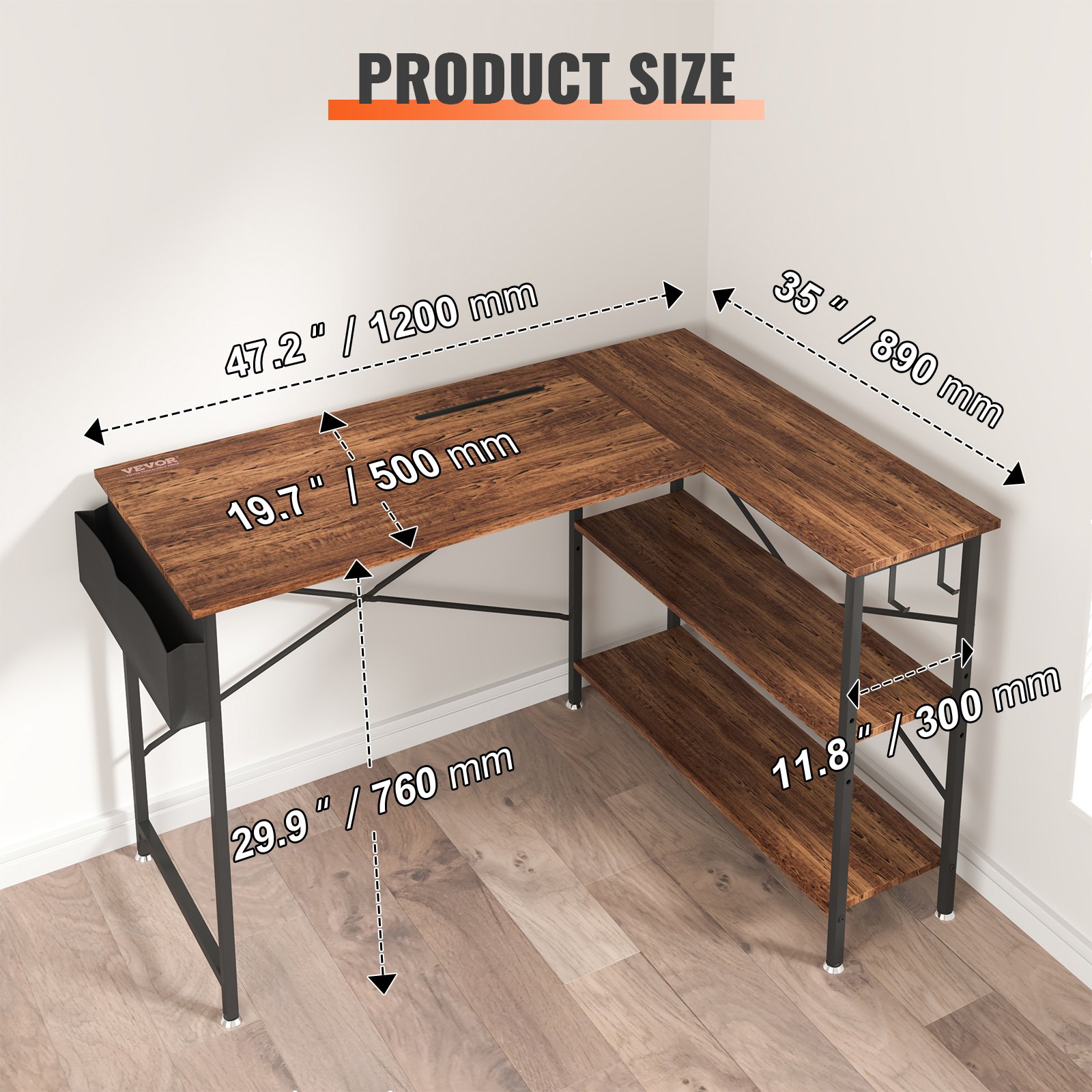 VEVOR L Shaped Computer Desk, 47'' Corner Desk with Storage Shelves, Bag, Phone Slot, and Headphone Hook, Work Desk Gaming Desk for Home Office Workstation, Rustic Brown