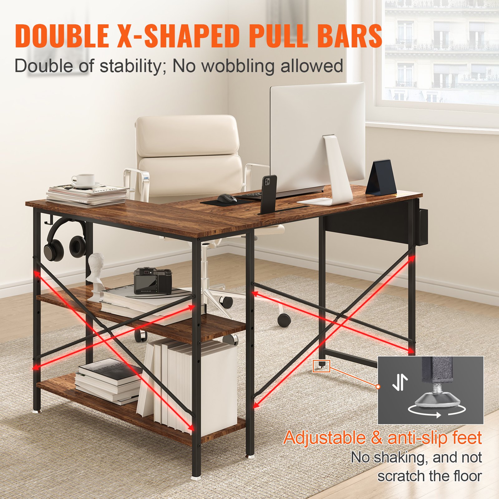 VEVOR L Shaped Computer Desk, 47'' Corner Desk with Storage Shelves, Bag, Phone Slot, and Headphone Hook, Work Desk Gaming Desk for Home Office Workstation, Rustic Brown