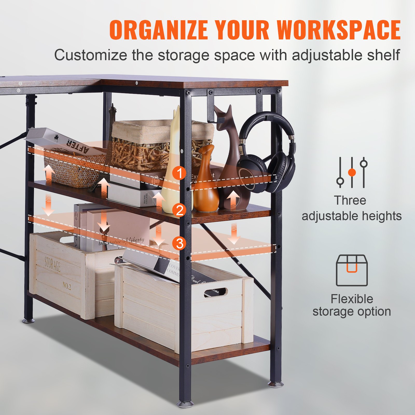 VEVOR L Shaped Computer Desk, 47'' Corner Desk with Storage Shelves, Bag, Phone Slot, and Headphone Hook, Work Desk Gaming Desk for Home Office Workstation, Rustic Brown