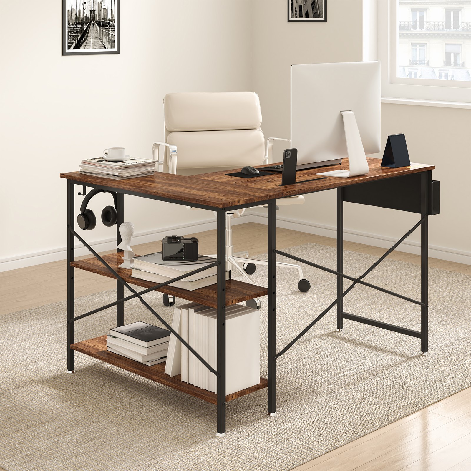 VEVOR L Shaped Computer Desk, 47'' Corner Desk with Storage Shelves, Bag, Phone Slot, and Headphone Hook, Work Desk Gaming Desk for Home Office Workstation, Rustic Brown