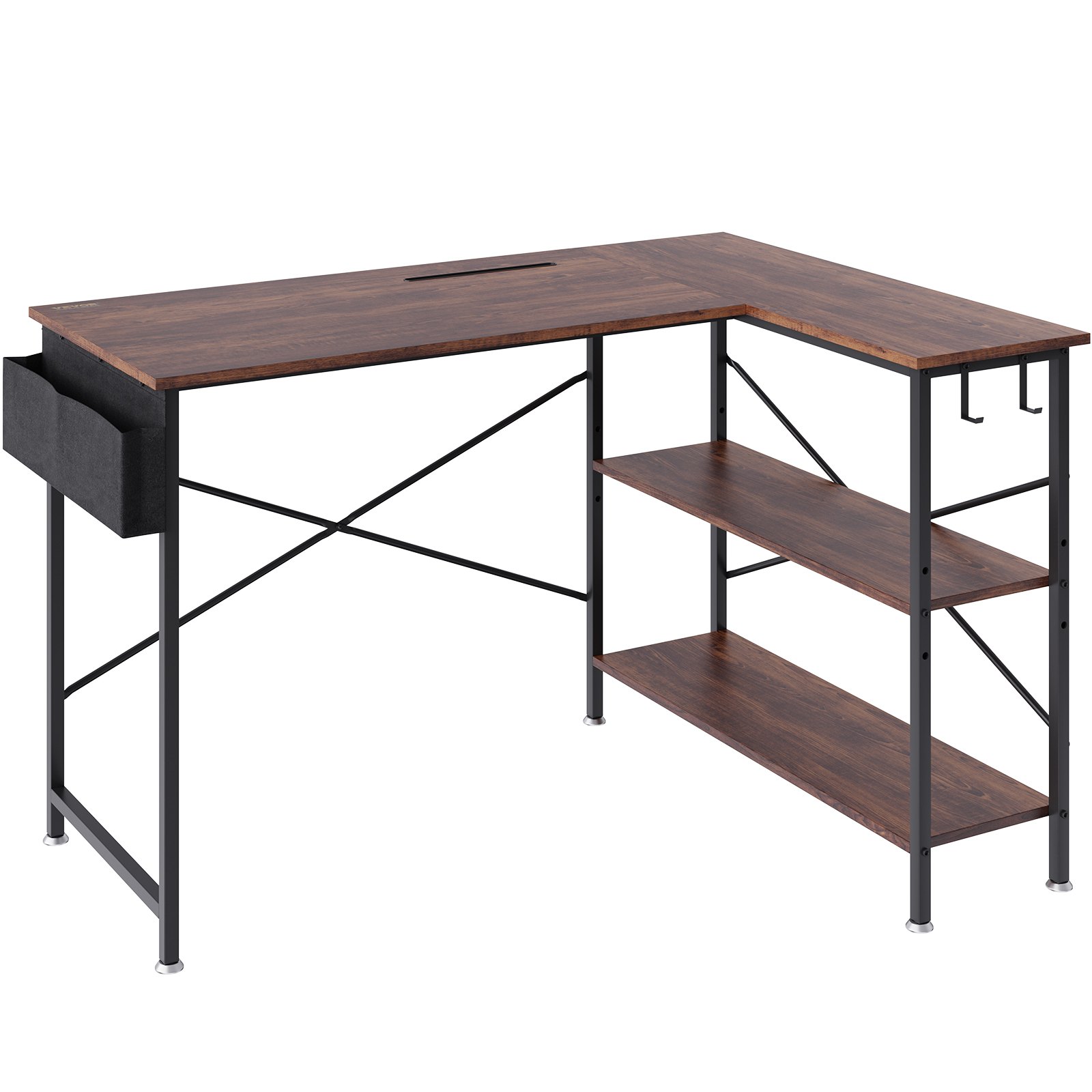 VEVOR L Shaped Computer Desk, 47'' Corner Desk with Storage Shelves, Bag, Phone Slot, and Headphone Hook, Work Desk Gaming Desk for Home Office Workstation, Rustic Brown