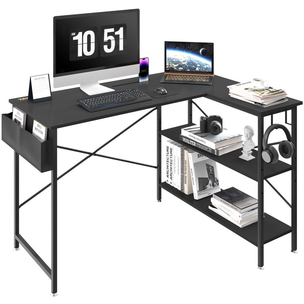 VEVOR L Shaped Computer Desk, 47'' Corner Desk with Storage Shelves, Bag, Phone Slot, and Headphone Hook, Work Desk Gaming Desk for Home Office Workstation, Black