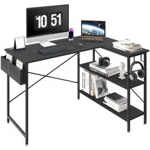 Mesa de computador em forma de L VEVOR, mesa de canto de 47 '' com prateleiras de armazenamento, bolsa, slot para telefone e gancho para fone de ouvido, mesa de trabalho para jogos para estação de trabalho de escritório doméstico, preta