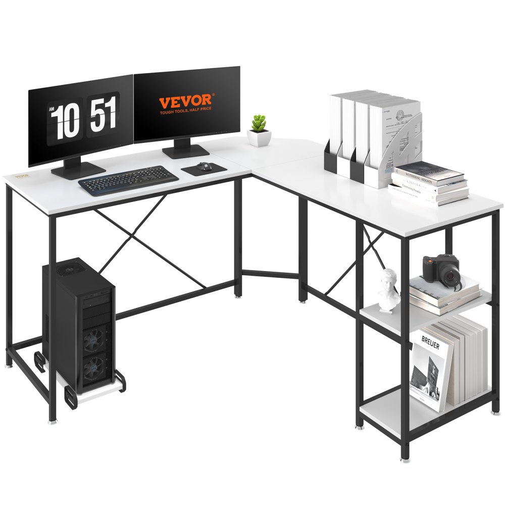 VEVOR Escritorio para computadora en forma de L, escritorio de esquina de 54 pulgadas con estantes de almacenamiento y soporte para CPU, escritorio de trabajo para juegos para estación de trabajo de oficina en casa, blanco