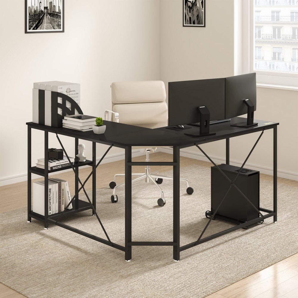 VEVOR L Shaped Computer Desk Corner Desk w/ Shelves 54in for Home Office Black