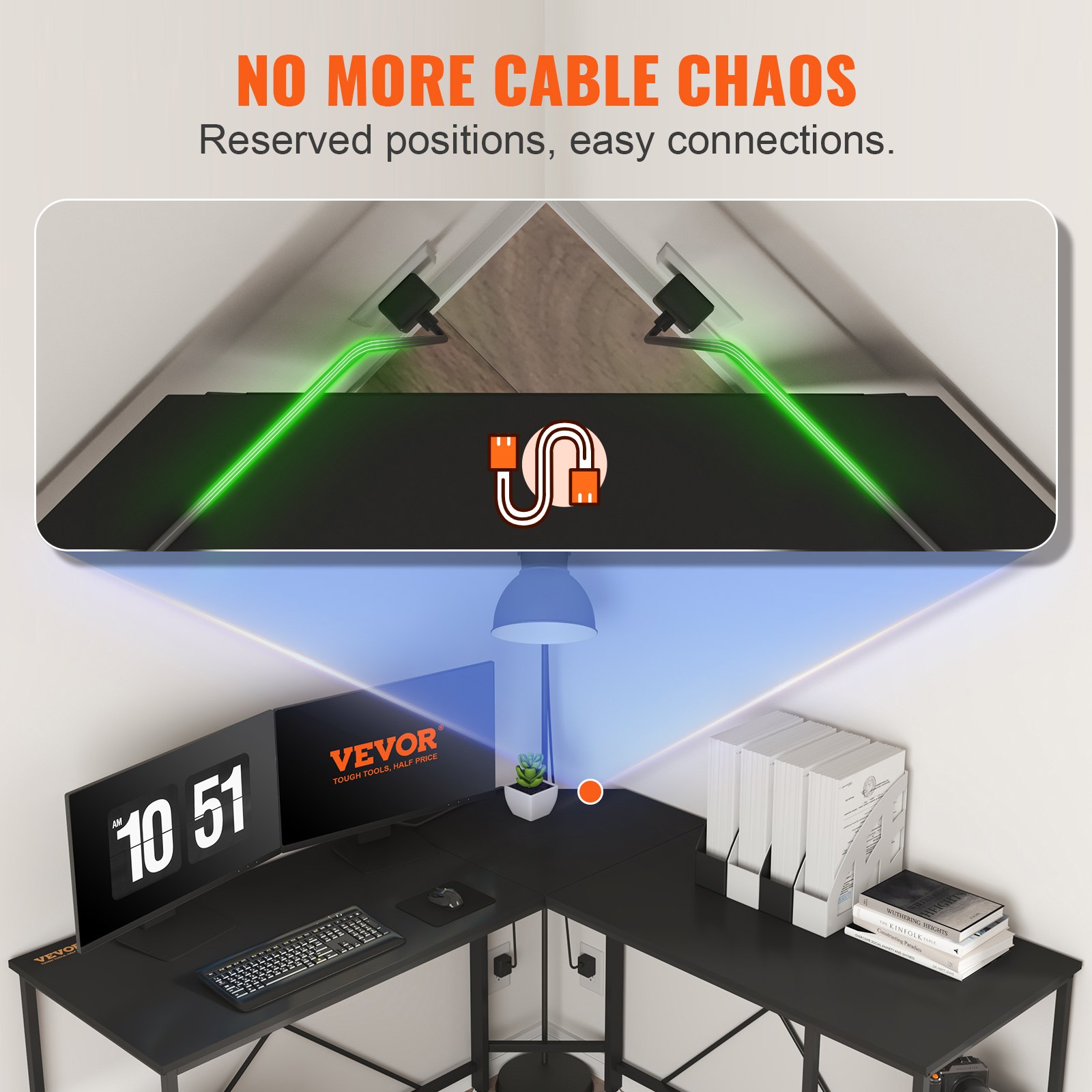 VEVOR L Shaped Computer Desk Corner Desk w/ Shelves 54in for Home Office Black