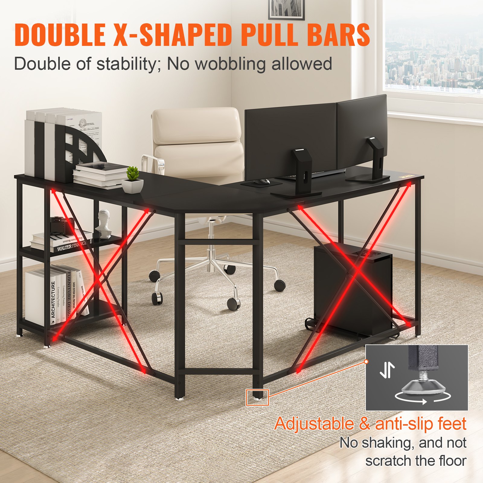 VEVOR L Shaped Computer Desk Corner Desk w/ Shelves 54in for Home Office Black