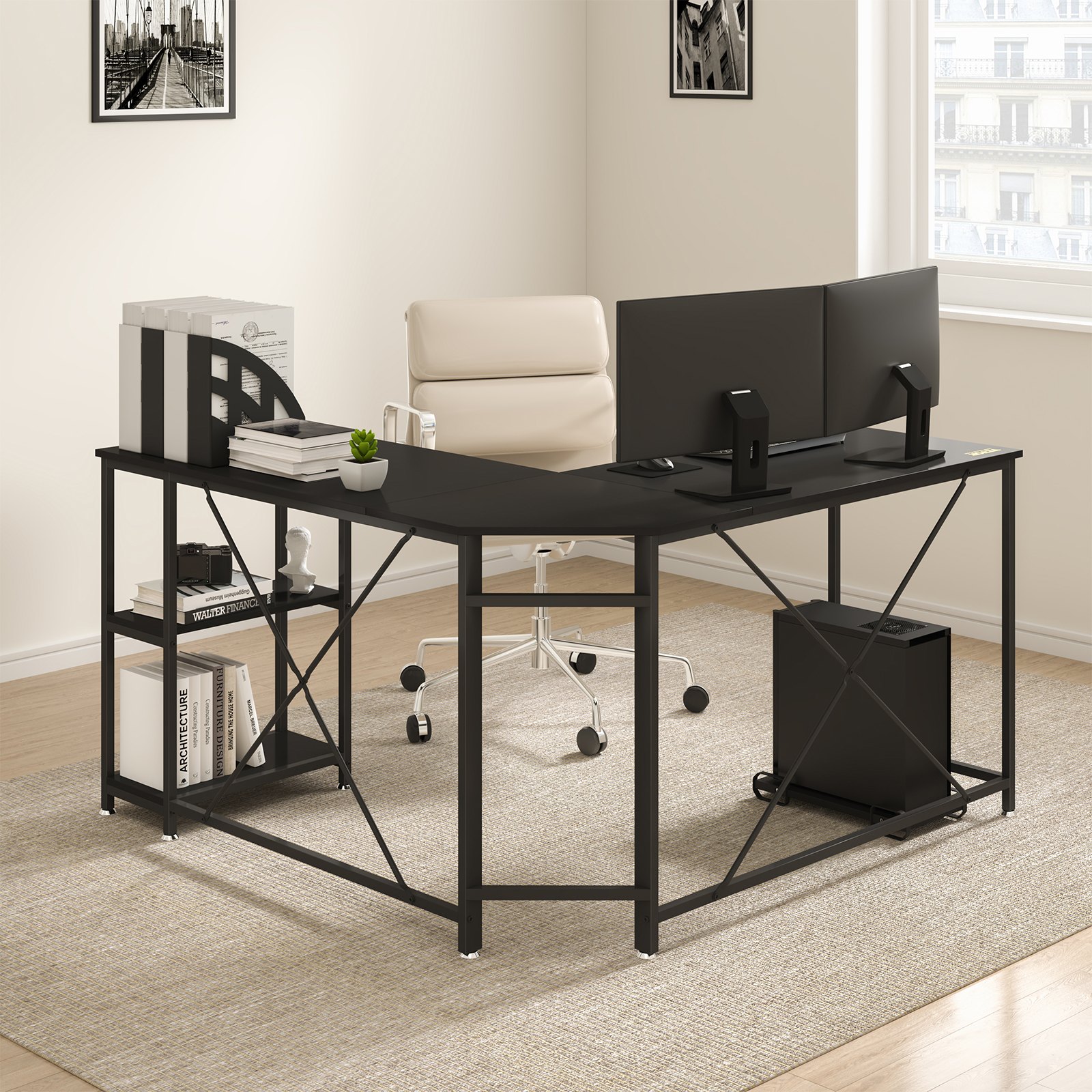 VEVOR L Shaped Computer Desk Corner Desk w/ Shelves 54in for Home Office Black