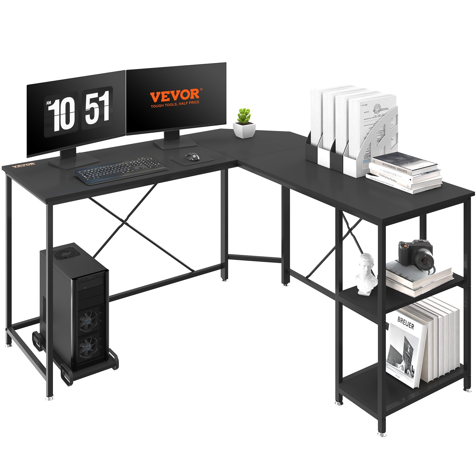 VEVOR L Shaped Computer Desk Corner Desk w/ Shelves 54in for Home Office Black