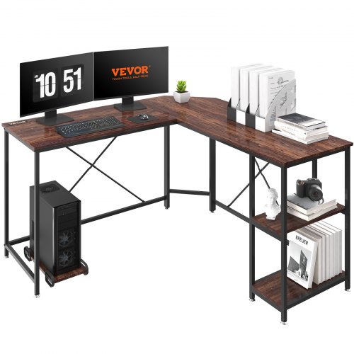 VEVOR L Shaped Computer Desk, 54'' Corner Desk with Storage Shelves & CPU Stand, Work Desk Gaming Desk for Home Office Workstation, Rustic Brown