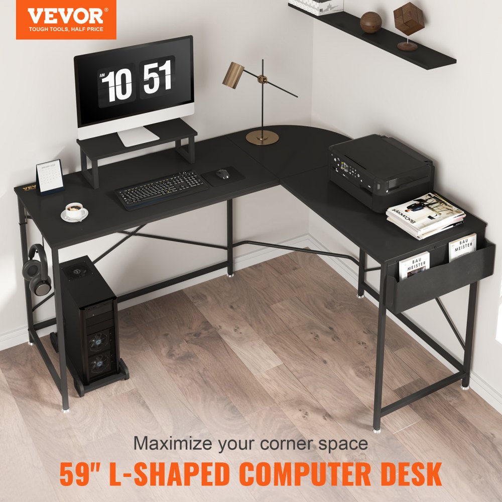 VEVOR l shaped computer desk with monitor stand, lamp, printer, and corner storage shelves.