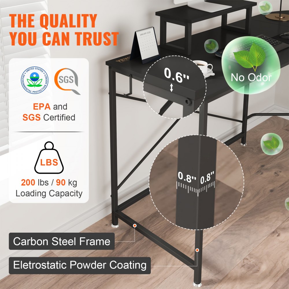 VEVOR l shaped computer desk with carbon steel frame, 200 lbs loading capacity, epa and sgs certified.