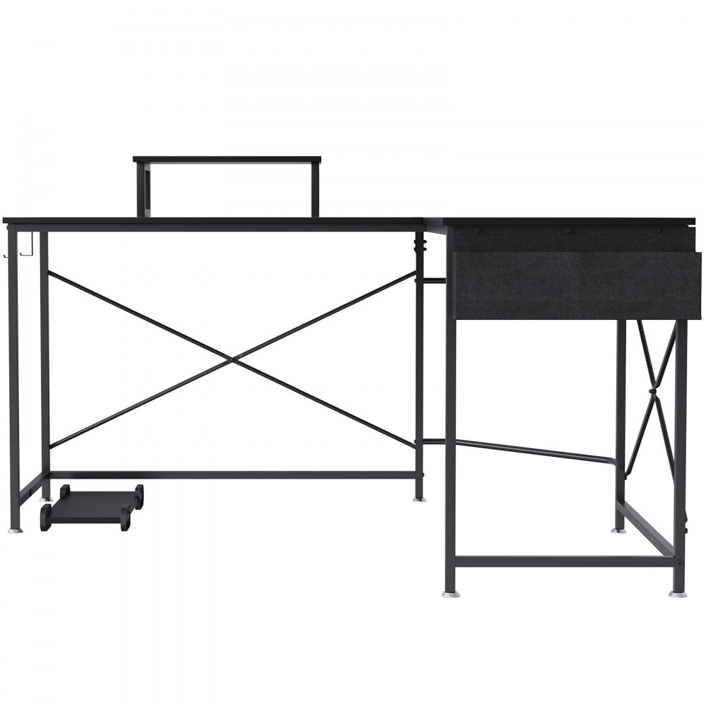VEVOR l shaped computer desk with black metal frame, monitor shelf, and cpu stand.