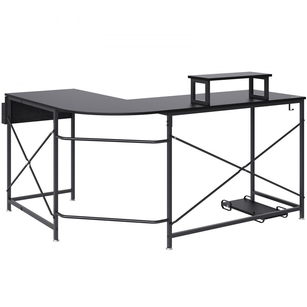 VEVOR l shaped computer desk with black metal frame, monitor stand, and footrest.