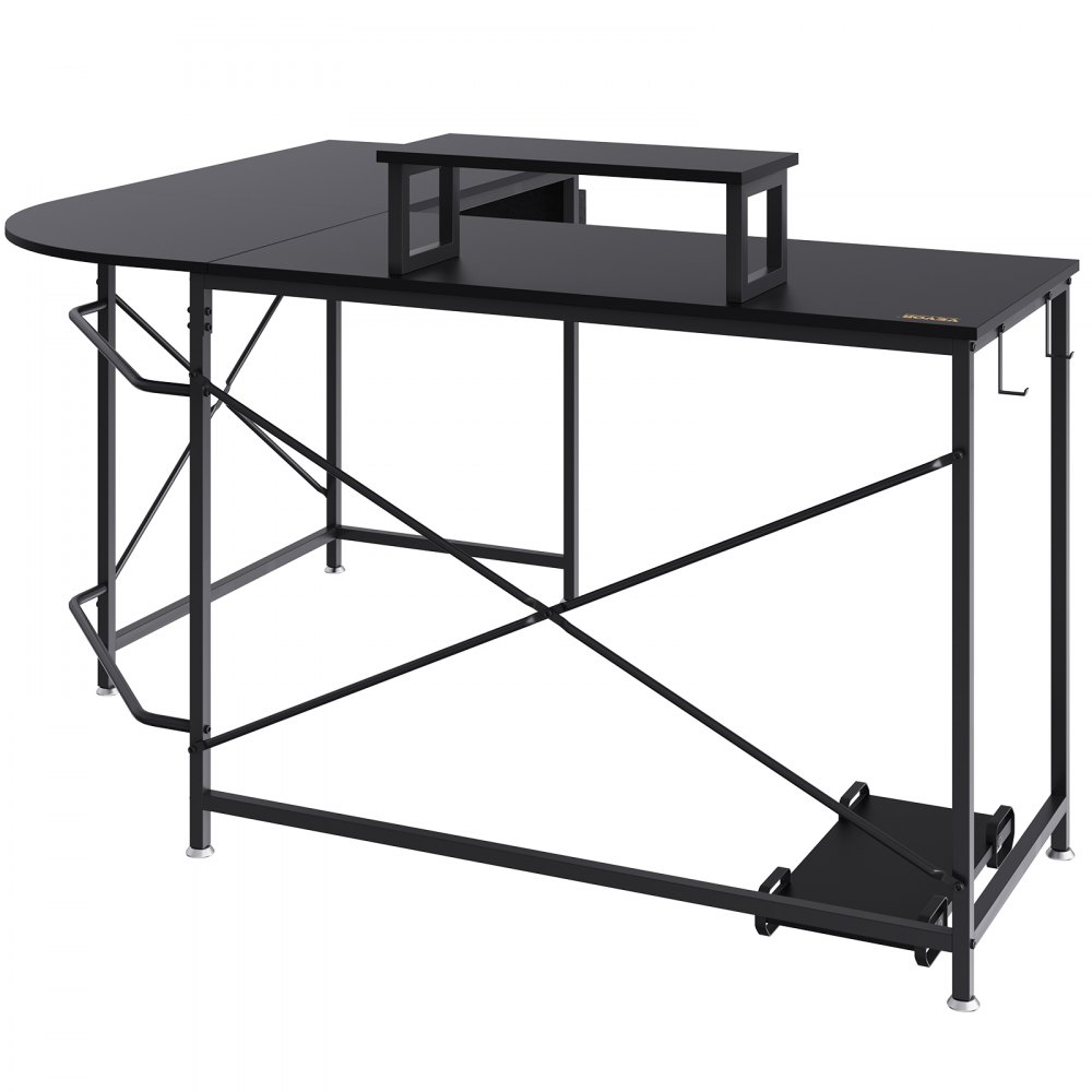 black VEVOR l shaped computer desk with monitor stand, metal frame, and storage shelves.