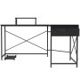 VEVOR l shaped computer desk with black metal frame, monitor shelf, and cpu stand.