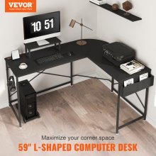 VEVOR L alakú számítógépes íróasztal, 59 hüvelykes sarokasztal tárolótáskával, monitoremelővel és CPU állvánnyal, íróasztali játékasztal otthoni irodai munkaállomáshoz, fekete