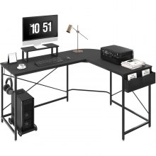 VEVOR L -muotoinen tietokonepöytä, 59 tuuman kulmapöytä säilytyspussilla, näytön nousu ja prosessoriteline, työpöytäpelipöytä kotitoimistotyöasemalle, musta