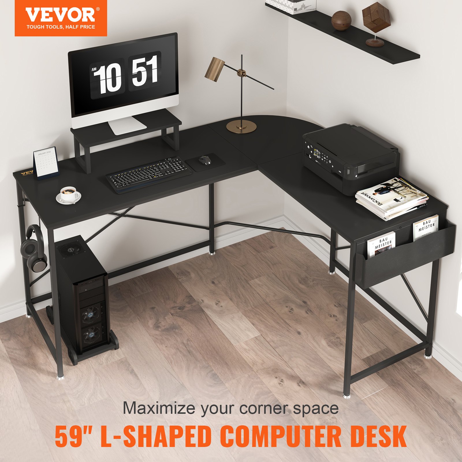 VEVOR l shaped computer desk with monitor stand, lamp, printer, and corner storage shelves.