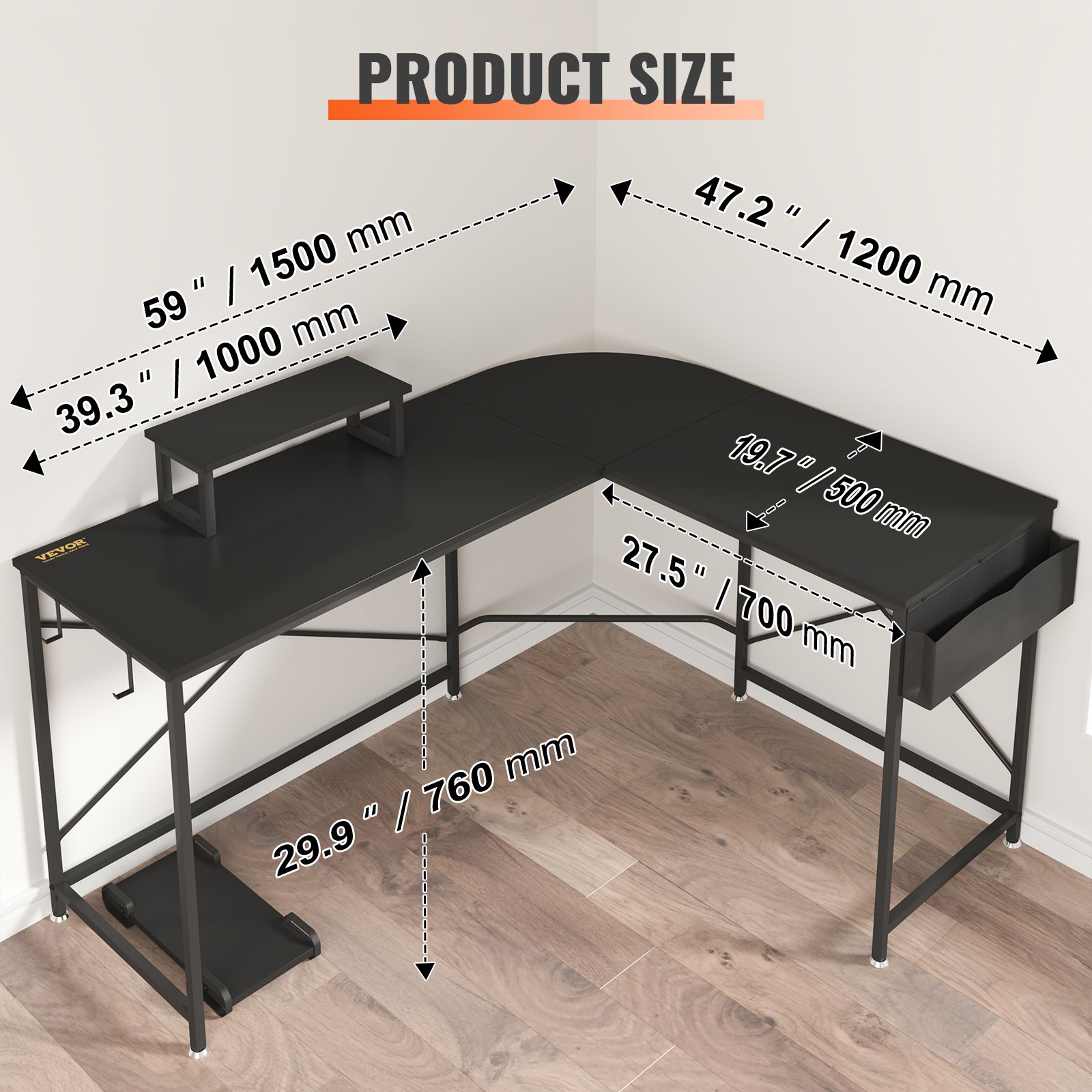 VEVOR l shaped computer desk with dimensions labeled, featuring black tabletop and metal legs.