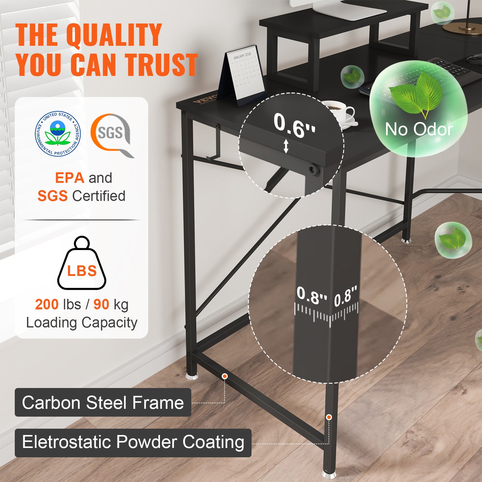 VEVOR l shaped computer desk with carbon steel frame, 200 lbs loading capacity, epa and sgs certified.