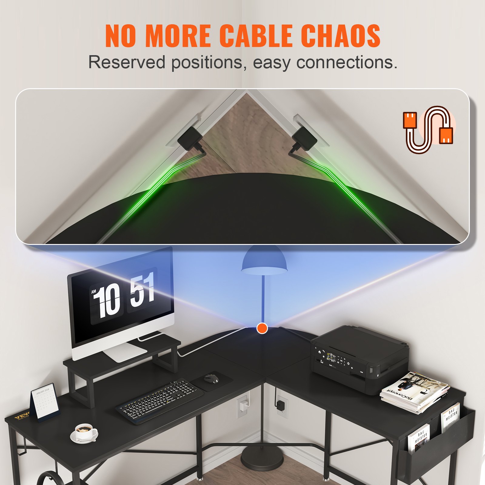 no more cable chaos with VEVOR l shaped computer desk, reserved positions, easy connections.