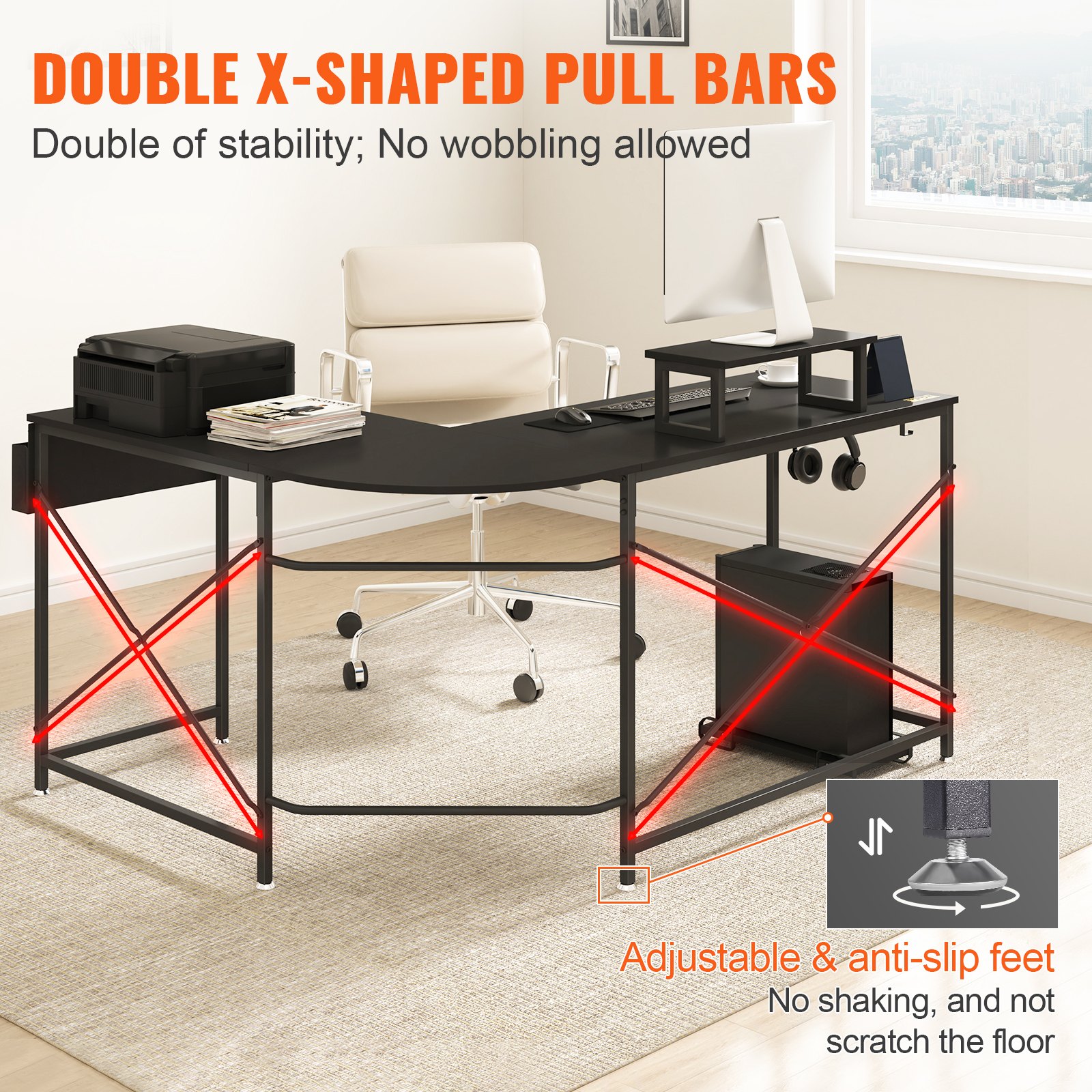 VEVOR l shaped computer desk with double x-shaped pull bars, adjustable anti-slip feet, and sleek design.
